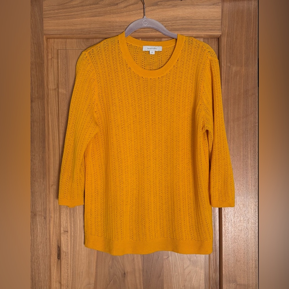 EUC Vtg KAREN WALKER 100% Cashmere Open Weave 3/4 Sleeve Sweater 6 Yellow Gold
